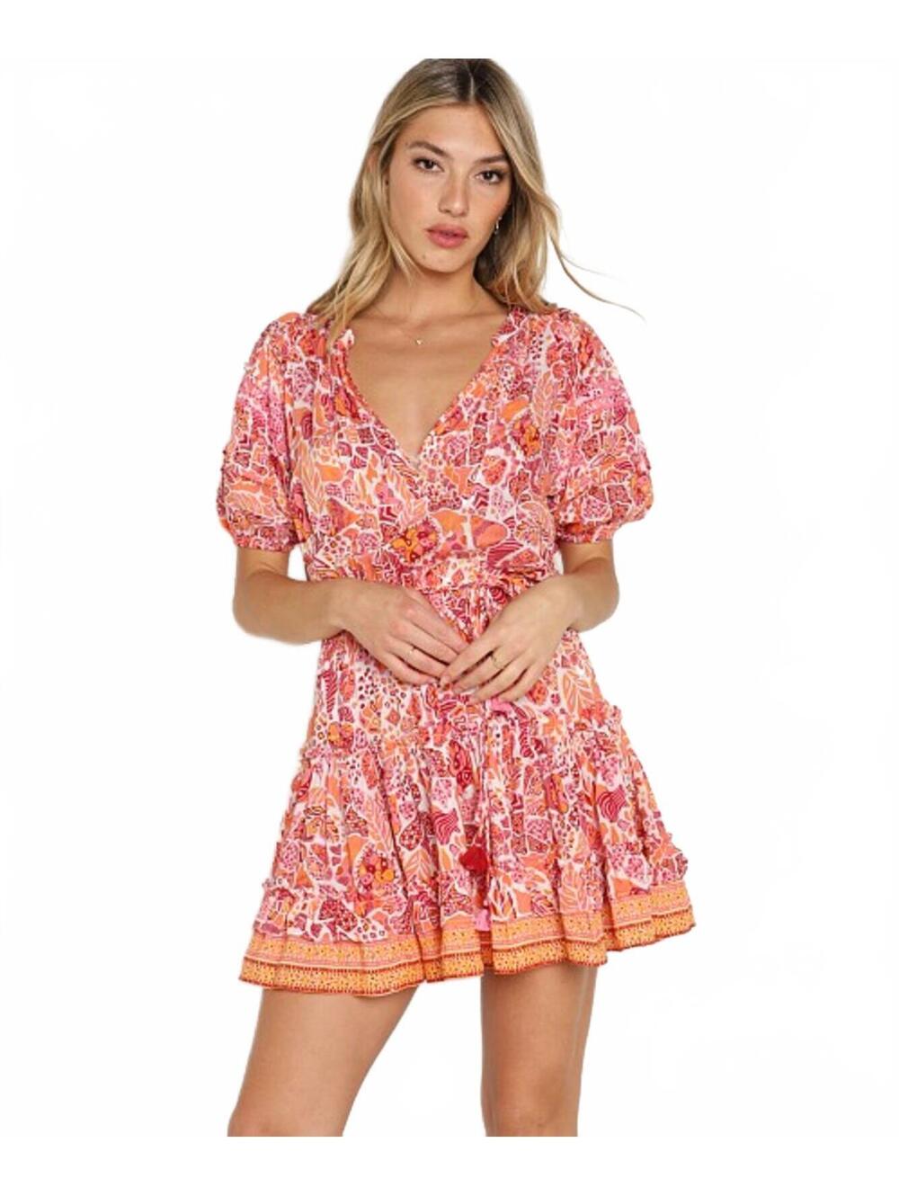 Poupette St Barth Bona Mini Dress Large Pink Orange Boho Tropical Resort Wear